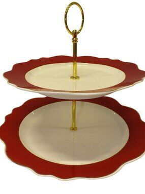 2 Tiered Serving Tray Dinner & Salad Plate Red Band Scallop By Grace's Teaware